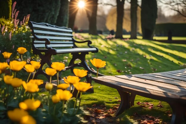 A park bench with yellow tulips in the background