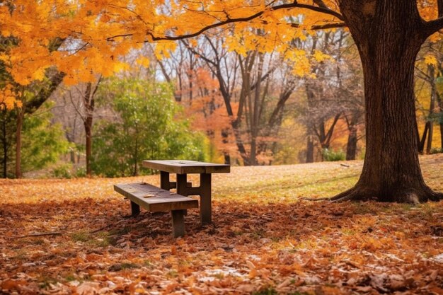 Park benches with autumn leaves in the park