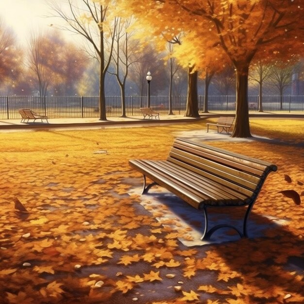 Park benches with autumn leaves in the park