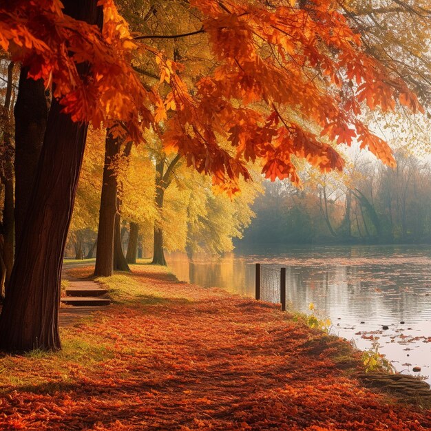 Photo park benches with autumn leaves in the park