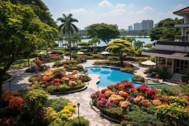 A park in a bustling city with wide open space flower fields