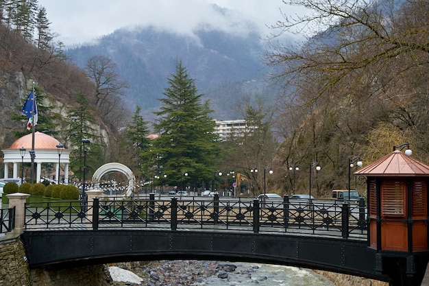 Park in the city of Borjomi. The mountain river flows through.