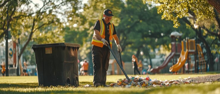 Photo park cleanup a man picking up litter in a park