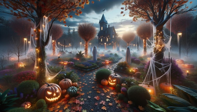 a park decorated with Halloween decorations with an eerie atmosphere