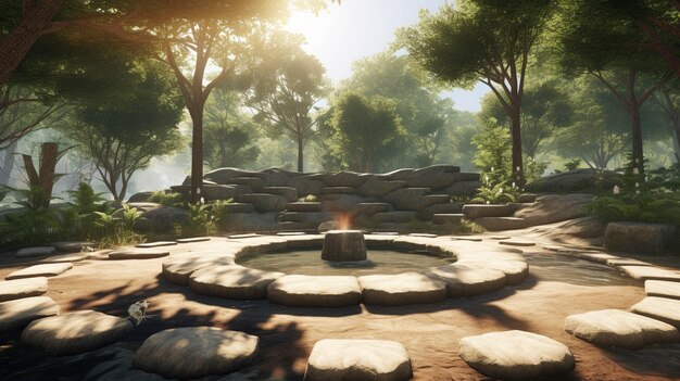 A park designed for meditation where natural elements and ambient sounds create a serene and tranquil environment ar 169 v 52 Job ID 5bff9d263b7643048740e7bb27e03d46