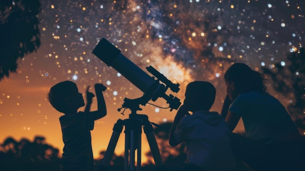 В парке группа родителей и детей собираются вокруг телескопа и смотрят на звезды.