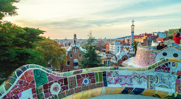 Park Guell Barcelona at sunrise. Selective focus.