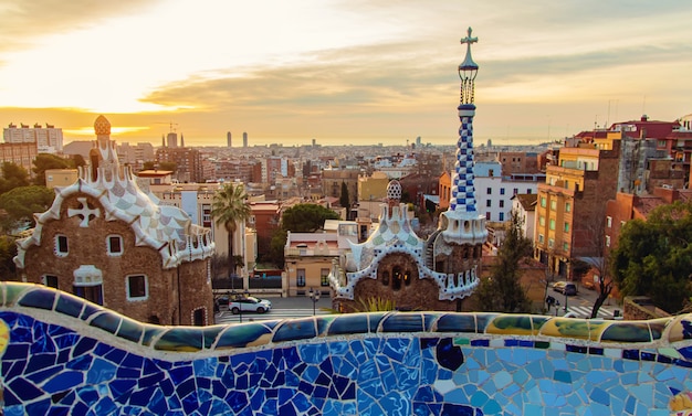 Park Guell Barcelona at sunrise. Selective focus.