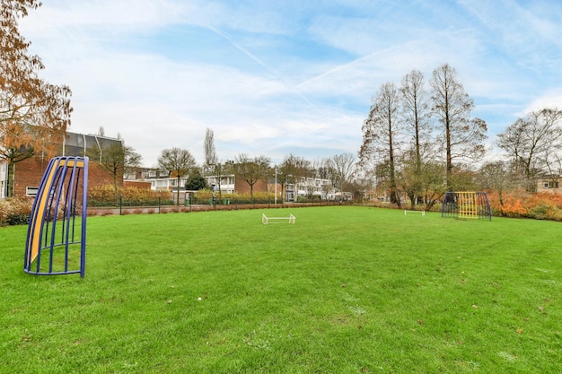 公園には 2 つのゴールネットがあるサッカー場があります