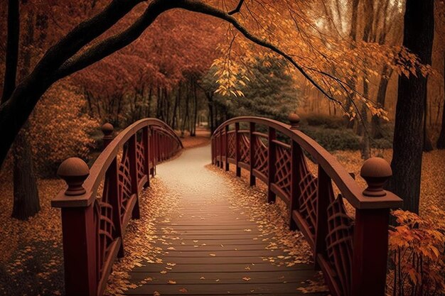 Foto park met houten brug in de herfst