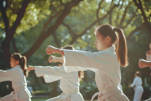 Foto park prowess ragazze adolescenti eccellenti nelle tecniche di karate