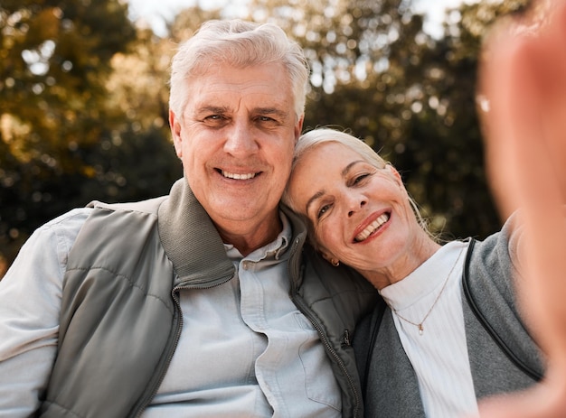 Park selfie portrait and senior happy couple bonding care and enjoy time together nature and memory picture Photography face and old man woman or marriage people with photo of romantic date