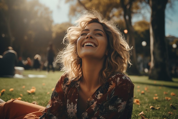 Park Serenity Blonde Lady Student Finds Peace on Grass with Generative AI
