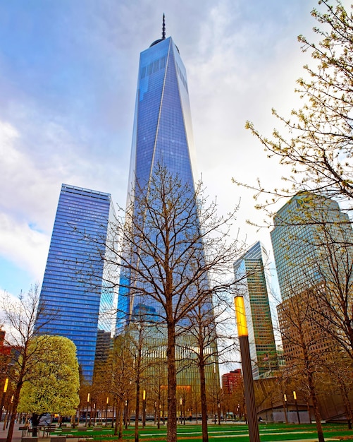 Park and Skyline with Skyscrapers in Financial Center at Lower Manhattan, New York City, America. USA. American architecture building. Panorama of Metropolis NYC. Metropolitan Cityscape