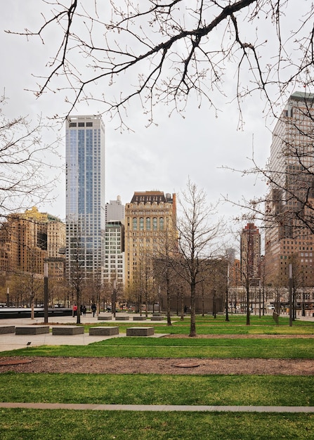 Park and Skyscrapers of Financial District, Lower Manhattan, New York City, USA.