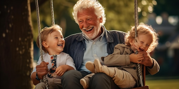 Photo on a park swing an elderly guy is laughing with his grandkids generative ai