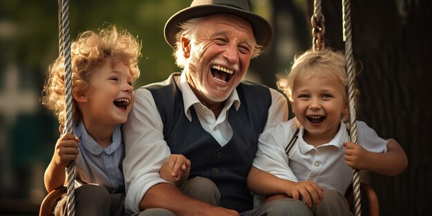 Foto su un altalena del parco un uomo anziano sta ridendo con i suoi nipoti generative ai