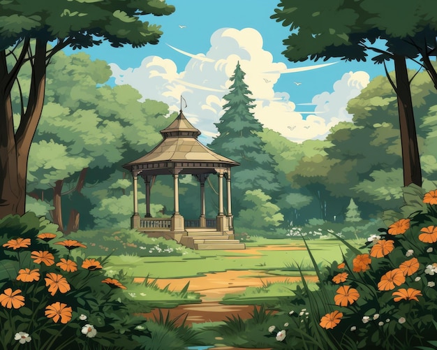 In a park there is a gazebo amidst trees and clouds Generative AI