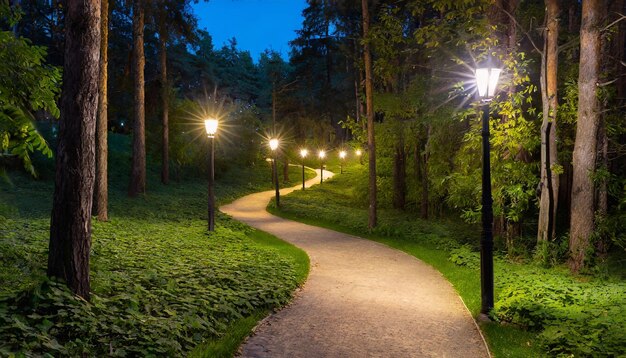 A park and an undulating path illuminated by night lanterns