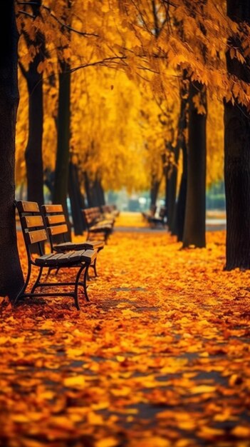 A park with a bench and trees covered in yellow leaves.