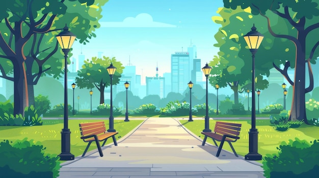 Park with benches summer scenery landscape Urban garden with street lamps on pathway empty public space with green trees Cartoon modern illustration