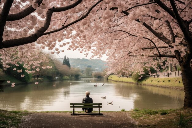 Парк с цветущими вишневыми деревьями и человек, наслаждающийся видом, созданным с помощью генеративного ИИ