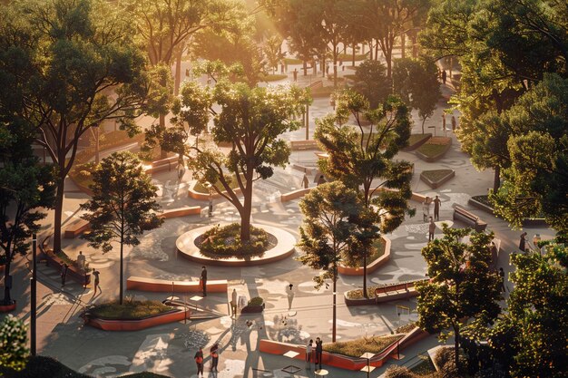 Photo a park with a fountain and trees and people in the background