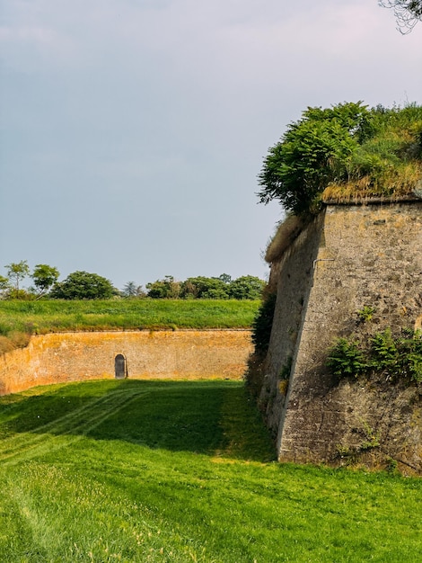 Photo park with green hills and historical architecture at the petrovaradin fortress