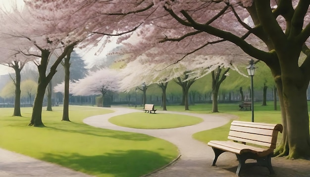 a park with a park and a park with a park bench and trees with a path leading to it