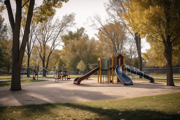 子供向けの遊び場のブランコや滑り台のある公園
