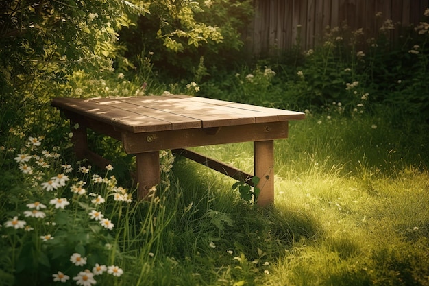 Photo a park with a seat made of wood placed smack dab in the center of a verdant field