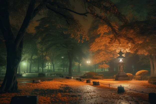 park with trees in autumn at night lamps on suspenseful background