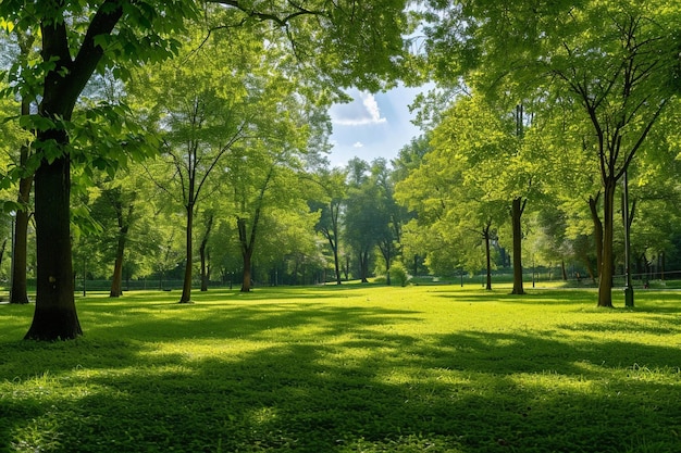 A park with trees and grass in a sunny day