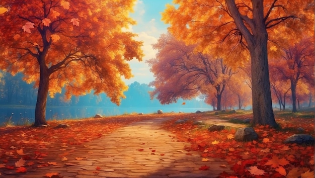 歩道のある公園 木は秋の季節で 葉は赤くなっています