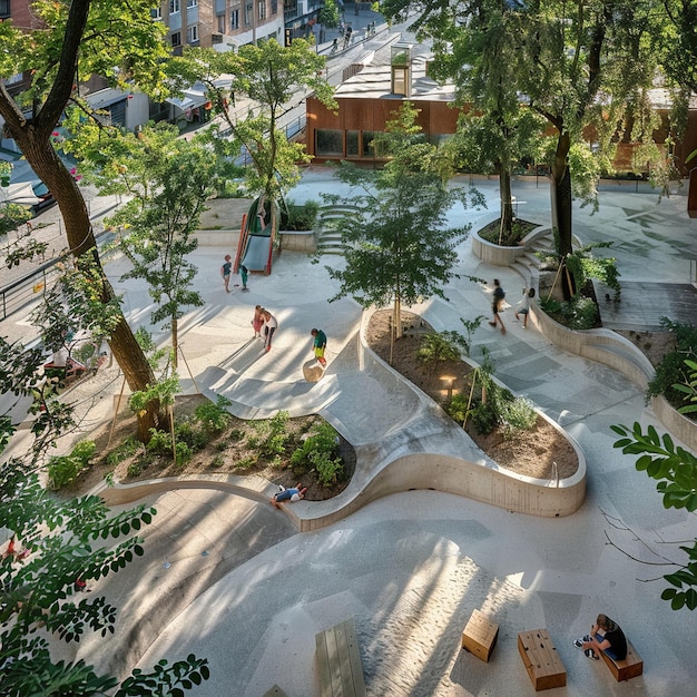 a park with a walkway that has a bench and trees in it