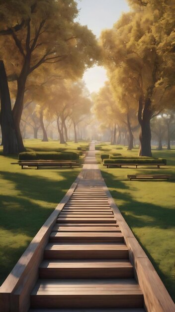 木製の歩道とベンチを持つ公園
