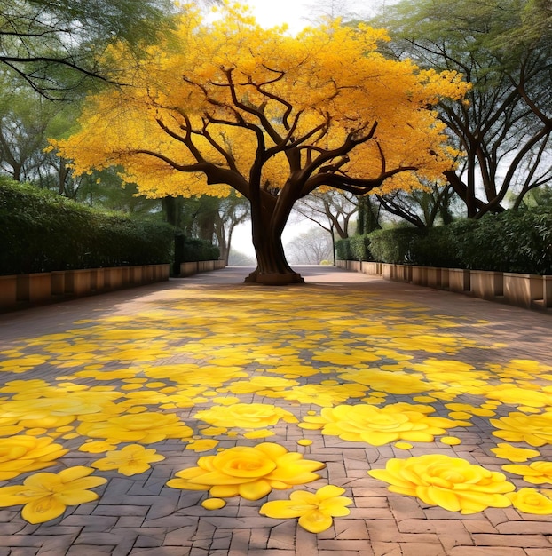 A park with yellow leaves of tree and yellow flowers painting on the floor