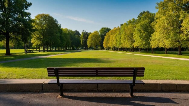 Foto parkbank op een pad bekleed met groene bomen in het zonlicht