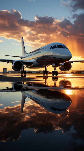 Parked aircraft by the jetway mirrored in a puddle's shimmering reflection Vertical Mobile Wallpape