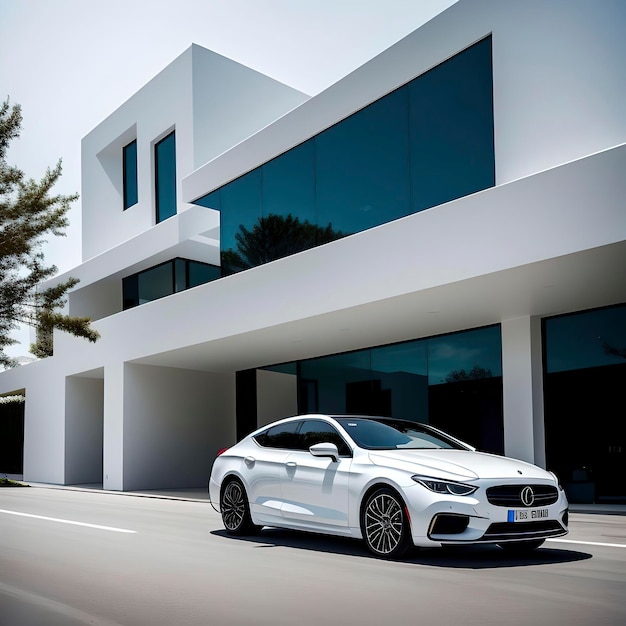 Parked outside modern building luxury white car