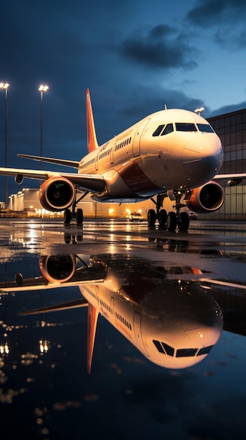 A parked passenger aircraft near a jetway its reflection glistening in a puddle Vertical Mobile Wal