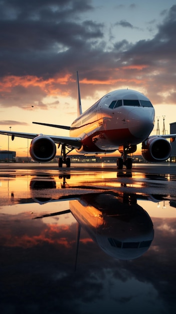A parked passenger aircraft near a jetway its reflection glistening in a puddle Vertical Mobile Wal