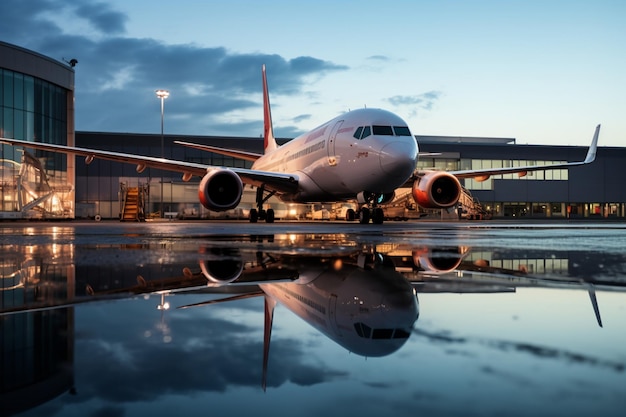 A parked passenger aircraft near a jetway its reflection glistening in a puddle