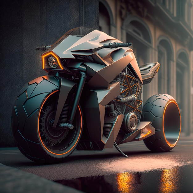 街の通りに駐車したスポーツ バイク未来のサイバー パンク バイク
