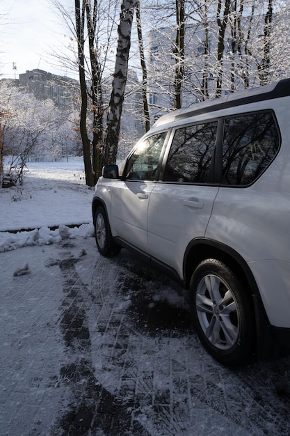 Parked suv car winter season copy space