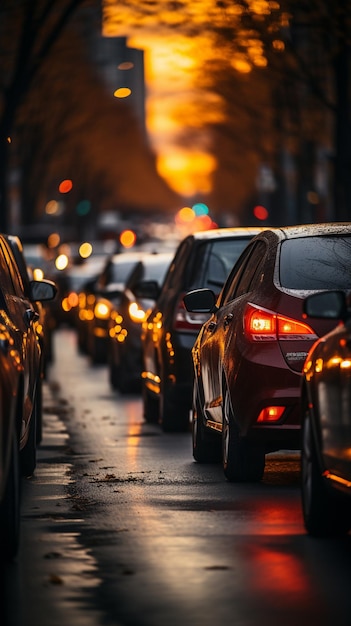 parked vehicles in the evening's gridlock on a metropolitan roadway