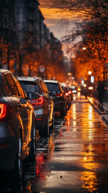 parked vehicles in the evening's gridlock on a metropolitan roadway