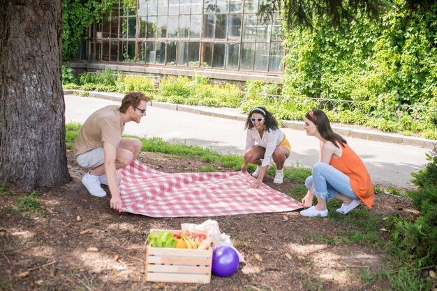 Parkeer, zomer. Drie vrolijke jonge mensen verspreiden een geruite deken onder een boom in het park op een warme zonnige dag