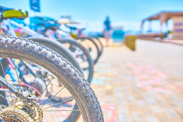 Parkeerplaatsen voor fietsen met fietsen aan de oceaan