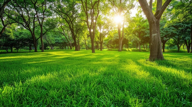 Parkgras achtergrond Prachtig zomerlandschap met bomen Groen gras en blauwe lucht